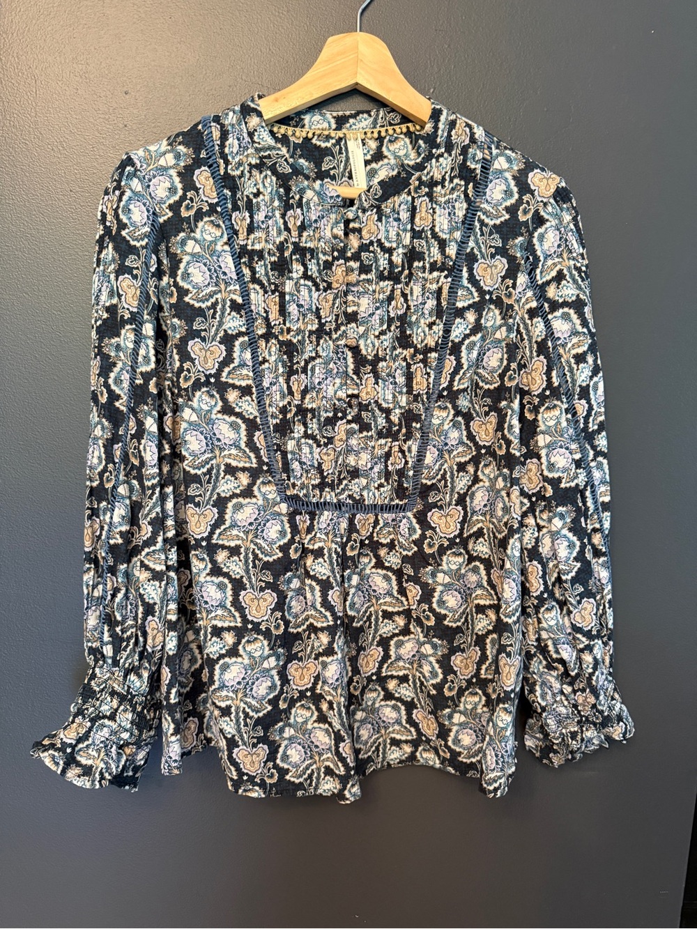 Anthropologie Black Floral Pintuck Peasant Blouse